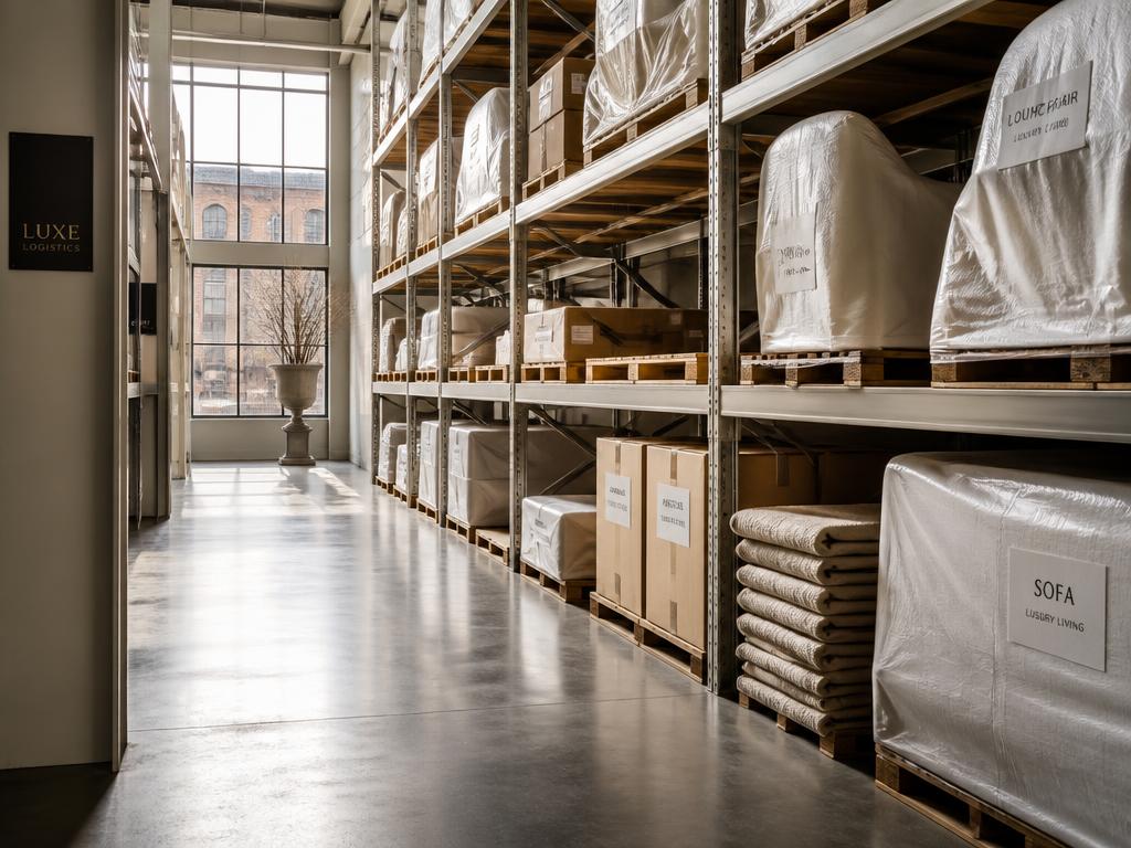 Sunlit receiving warehouse with blanket-wrapped sofas and wooden crates on pallets